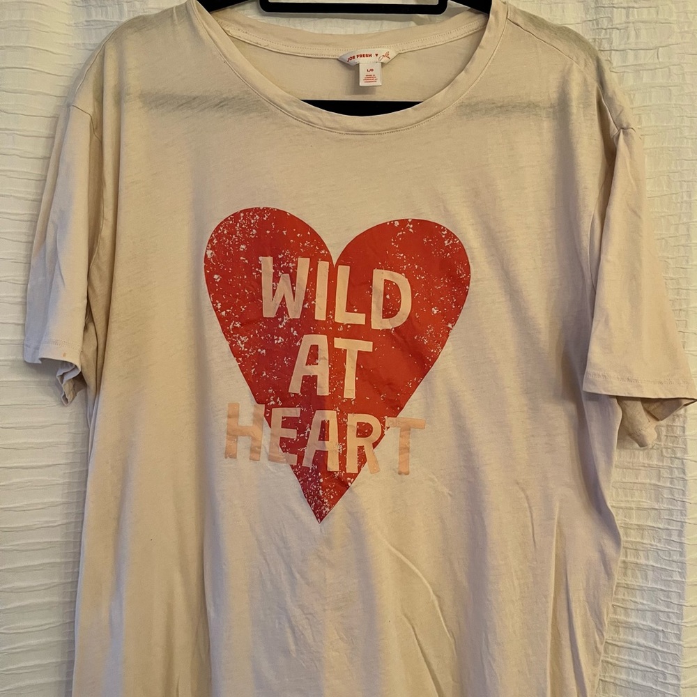 Jillian Harris Joe Fresh Cream Tee “Wild at Heart” with Red Heart Graphic